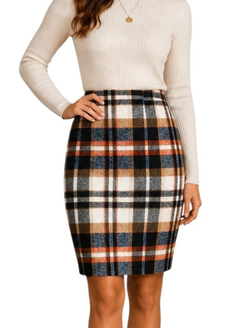 Plaid Wool Blend Pencil Skirt Size Med Fall Multicolor Lined Knee Length Zip